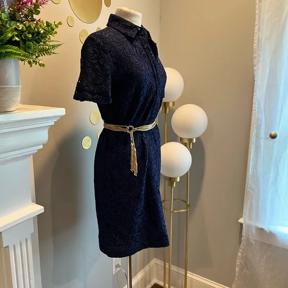 Burberry Ladies Navy Blue Floral Lace Shirt Dress - Picture 6 of 11